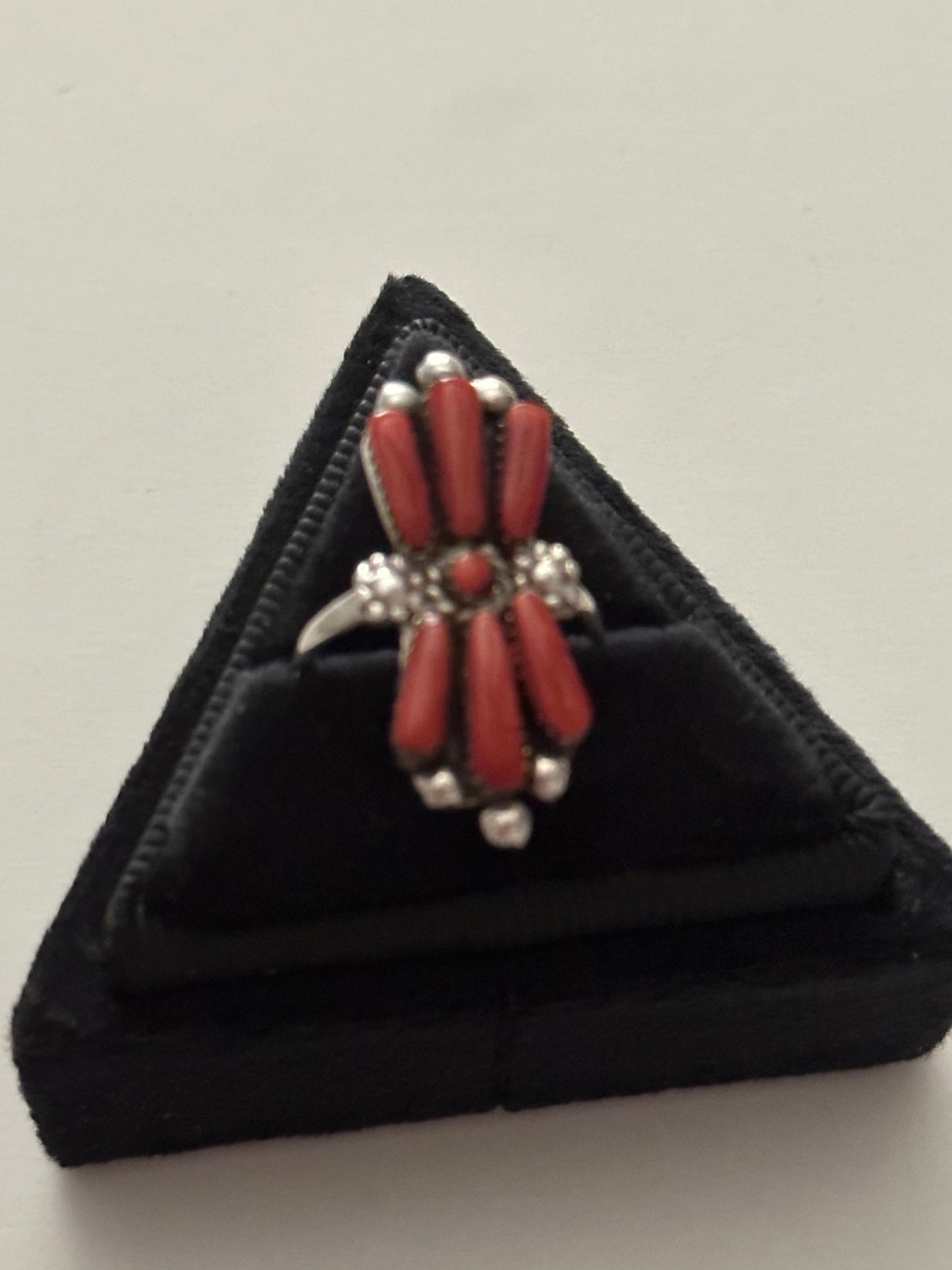 Zuni Sterling Silver & Coral Needlepoint Ring