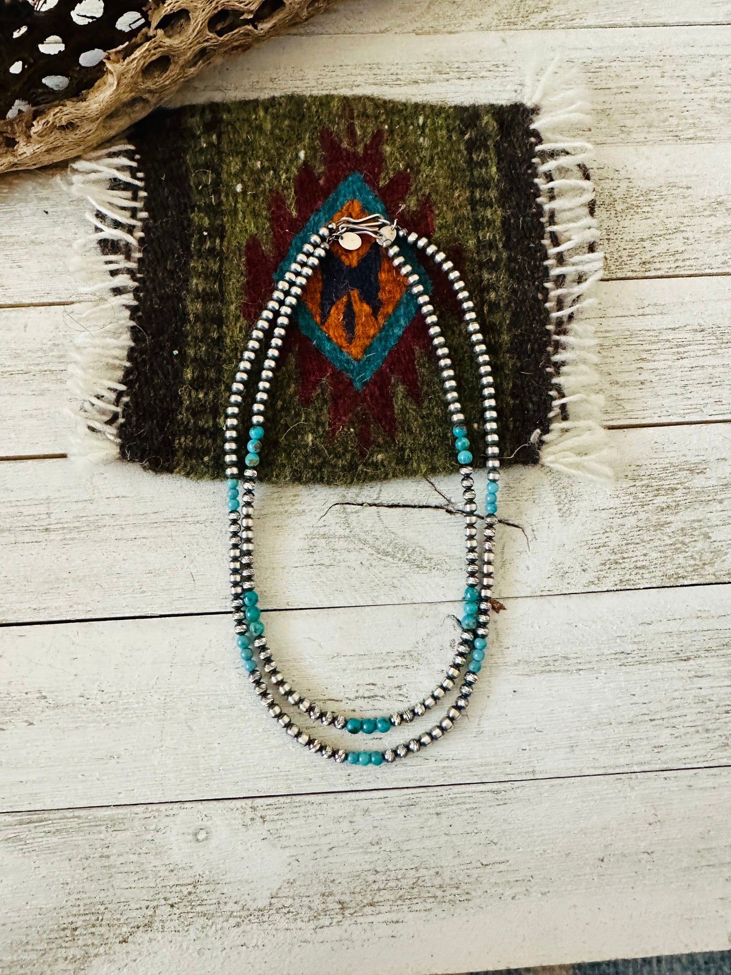 Navajo Turquoise & Sterling Silver Diamond Cut Beaded Necklace 14” or 16”