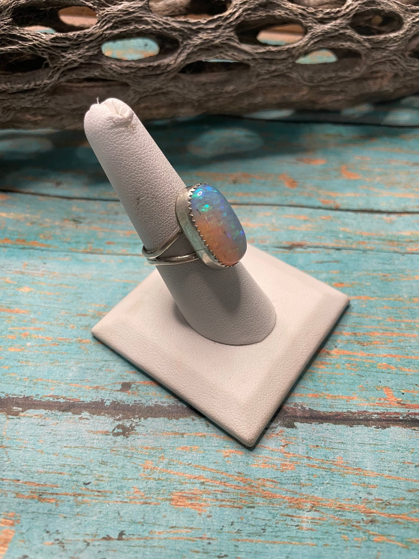 Navajo Man Made Sterling Silver & White Opal Ring