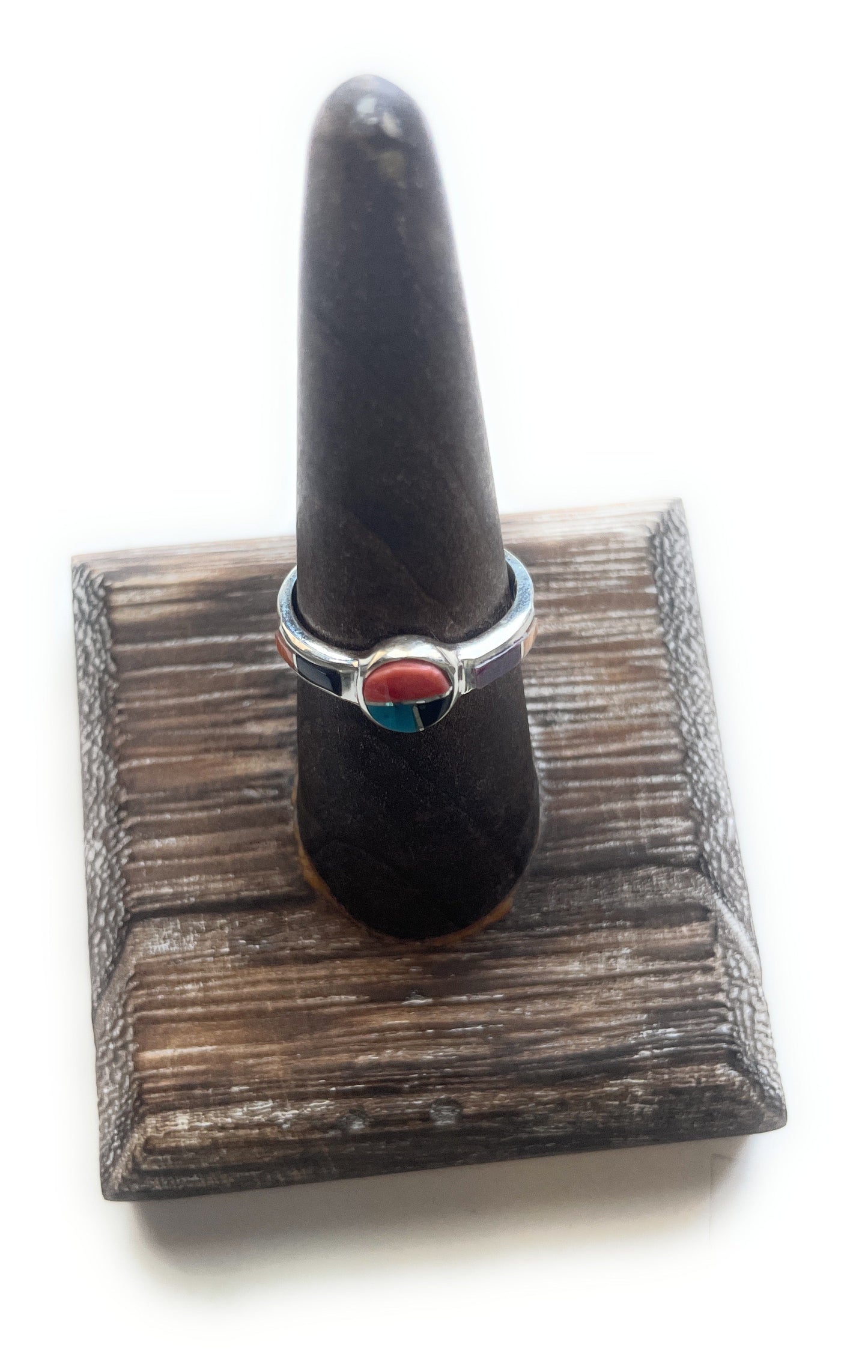 Navajo Sterling Silver & Multi Stone Inlay Ring Size 7.5