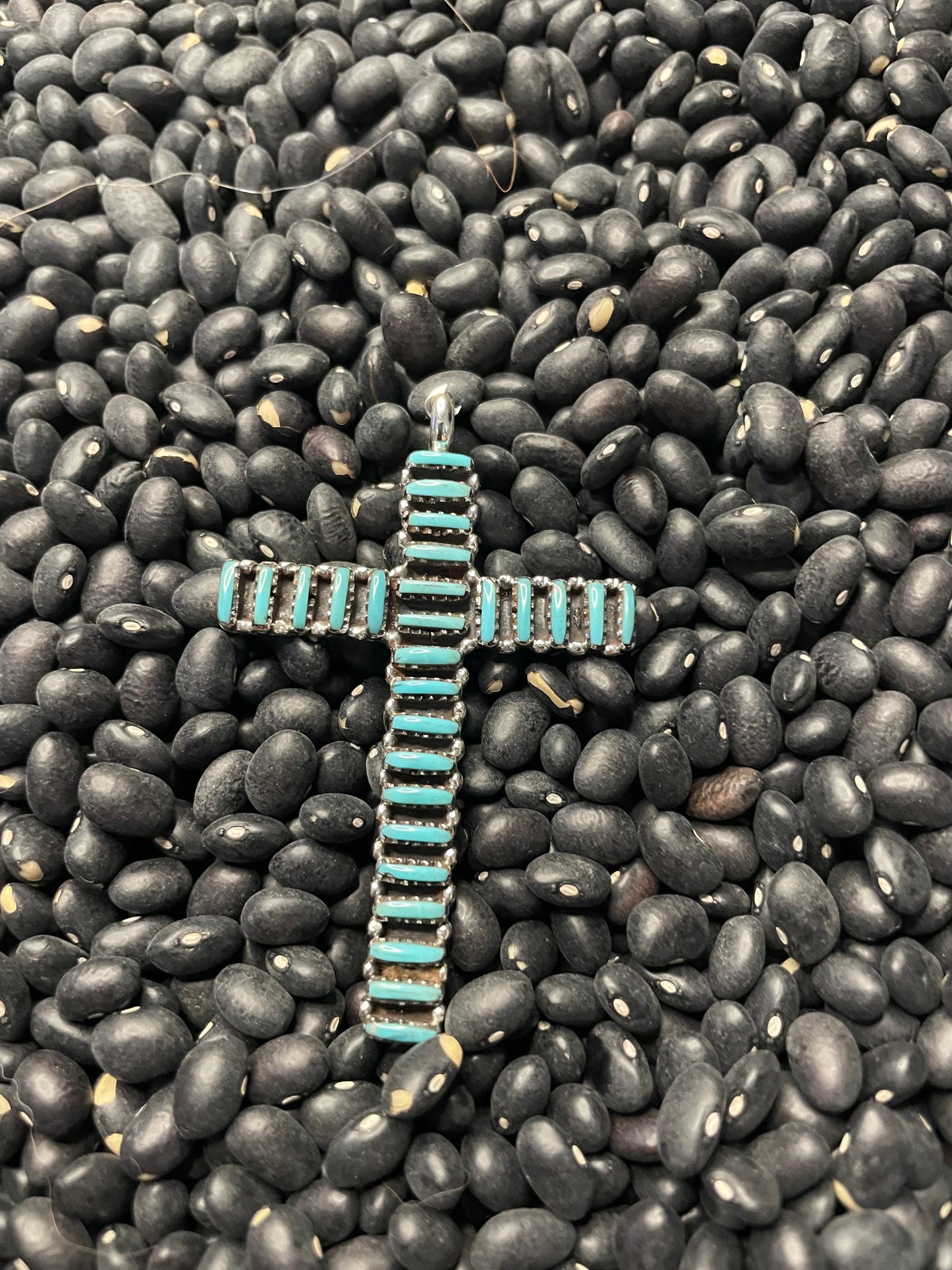 Handmade Needlepoint Turquoise & Sterling Silver Cross Pendant