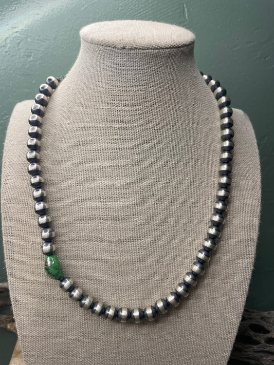 Navajo Sterling Silver Pearl 8mm Beaded Necklace With Turquoise Stone 18"
