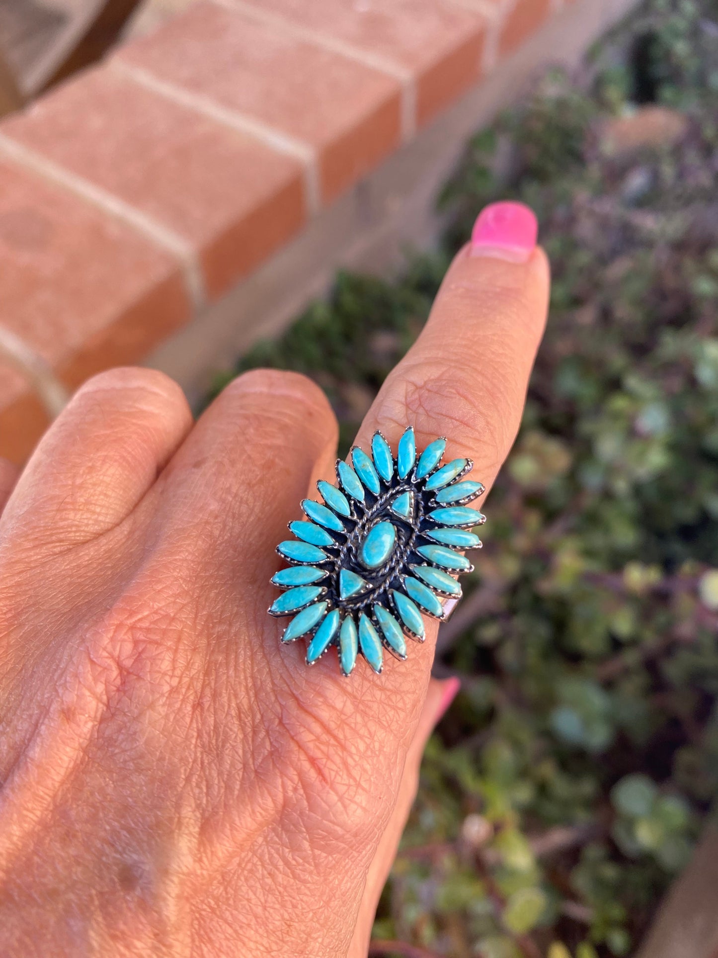 Handmade Sterling Silver & Kingman Needlepoint Turquoise Adjustable Ring