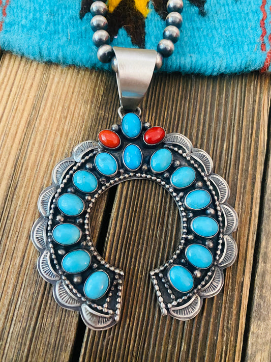 Navajo Sterling Silver, Sleeping Beauty Turquoise & Coral Naja Pendant by Lorenzo Juan
