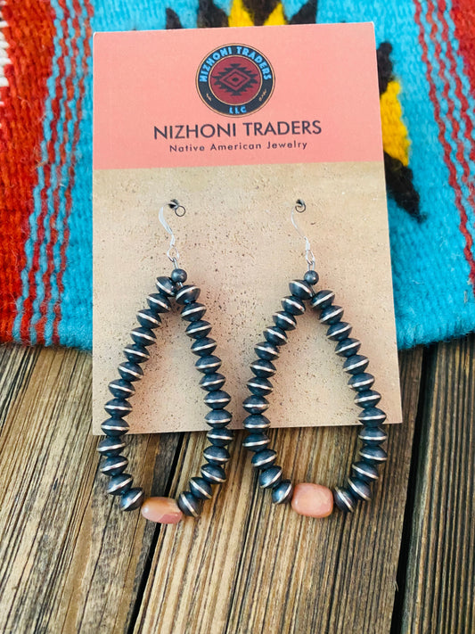 Navajo Sterling Silver Pearl & Rhodochrosite Dangle Hoop Earrings