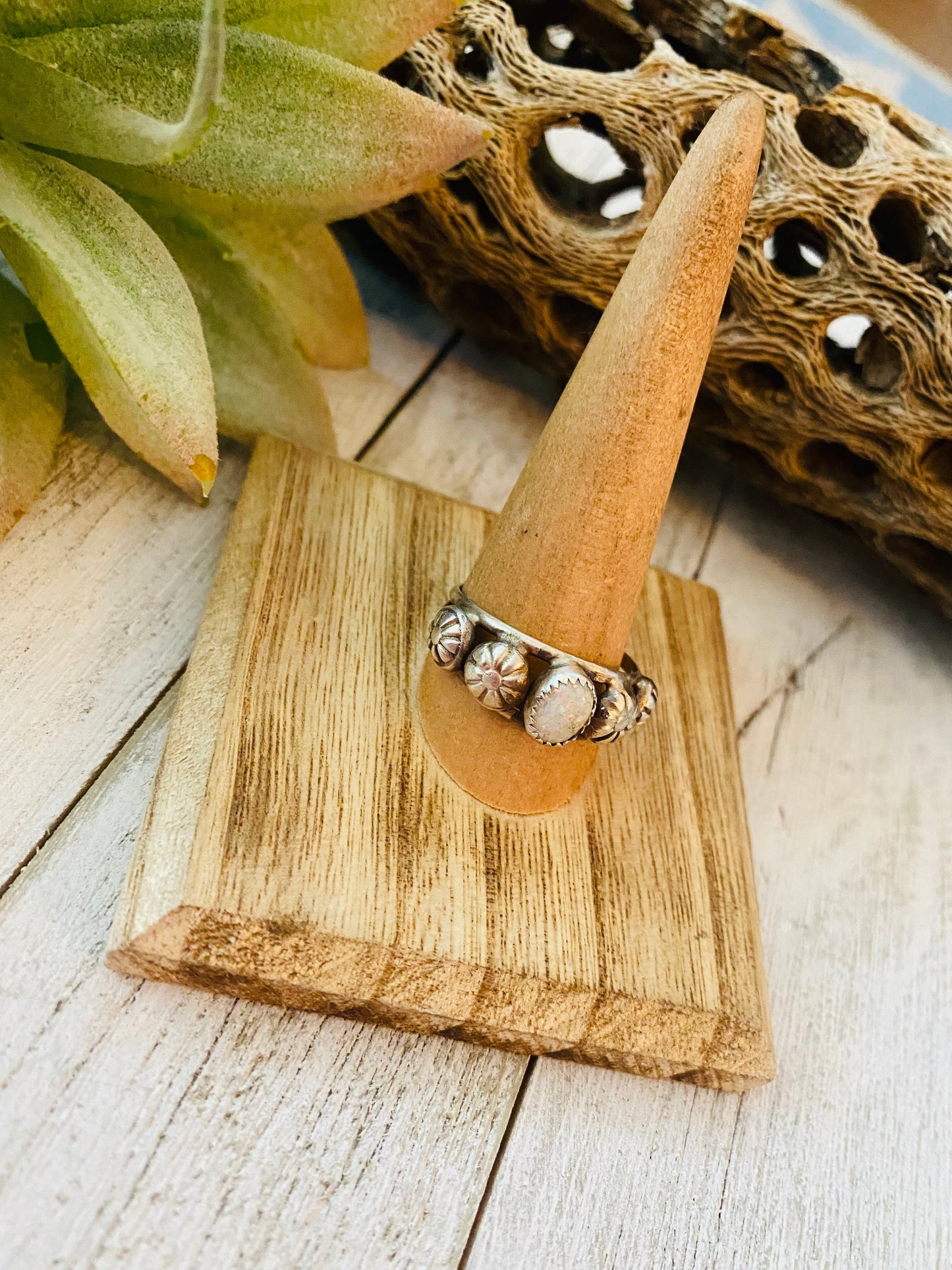 Navajo White Opal and Sterling Silver Concho Band Ring