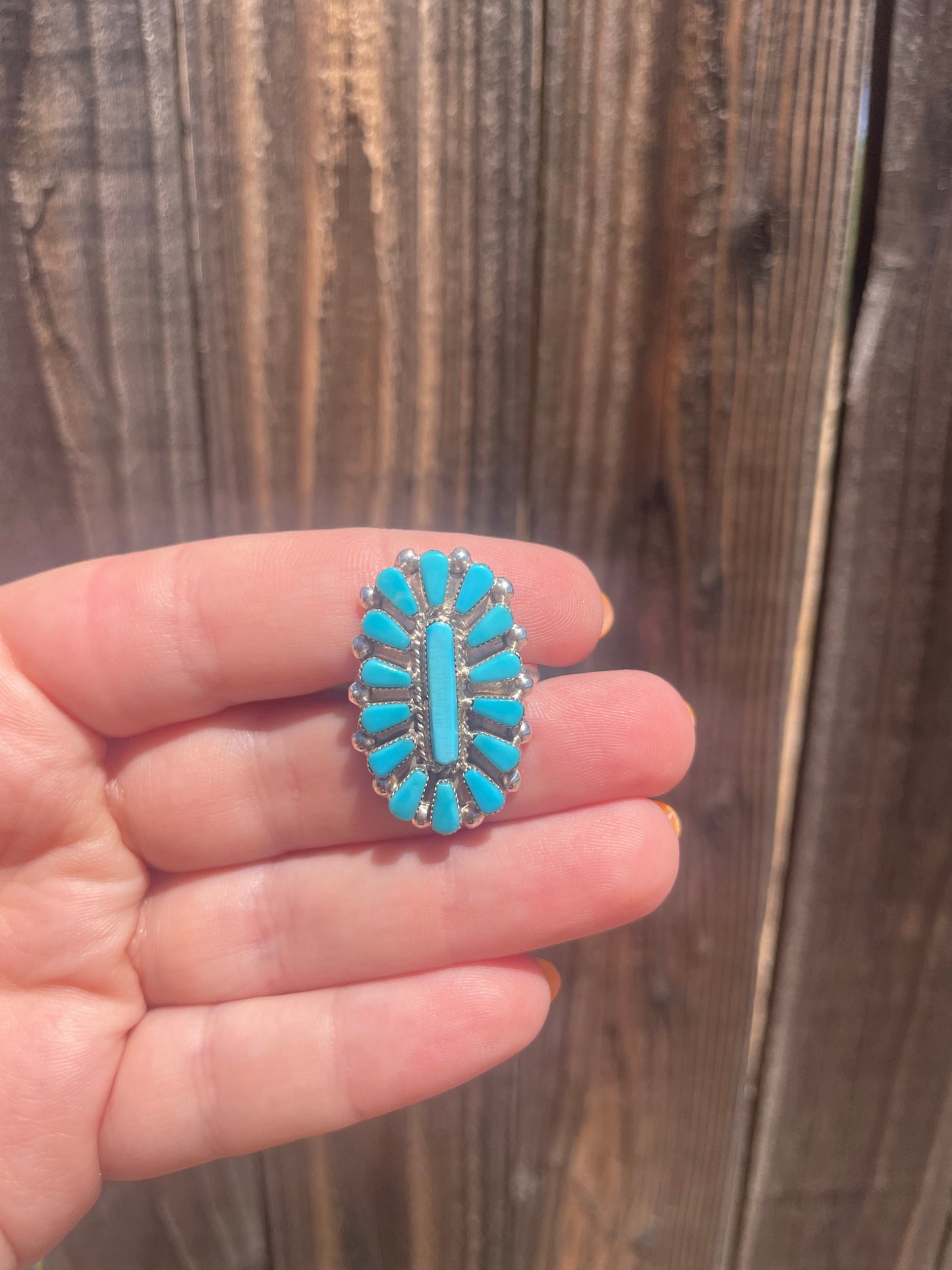 Zuni Sterling Silver & Kingman Turquoise Cluster Ring Signed Valencia Halusewa