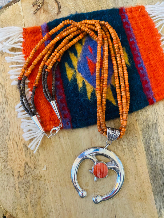 Navajo Sterling Silver & Spiny Beaded Naja Necklace