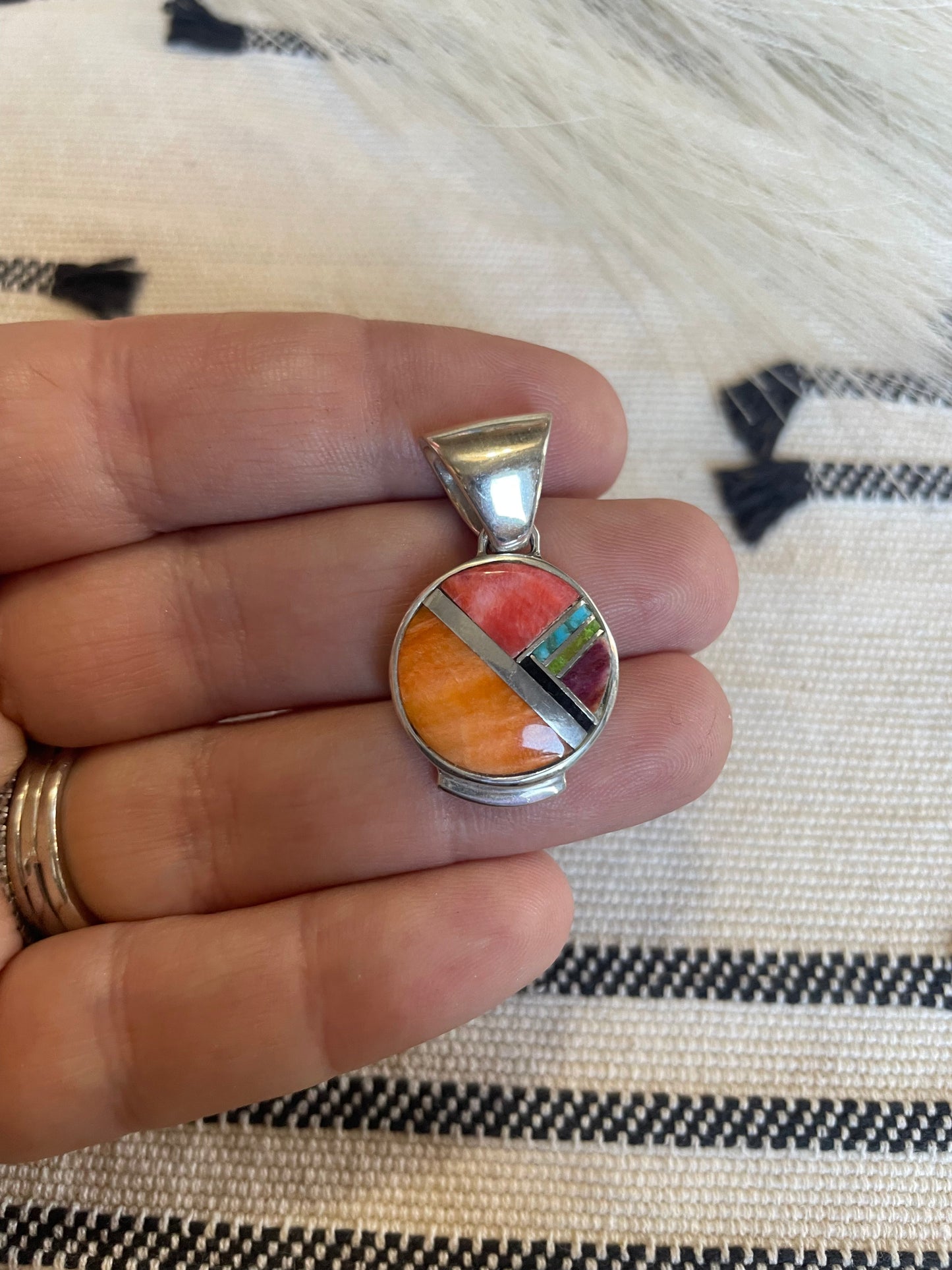Navajo Multi Stone Inlay & Sterling Silver Pendant