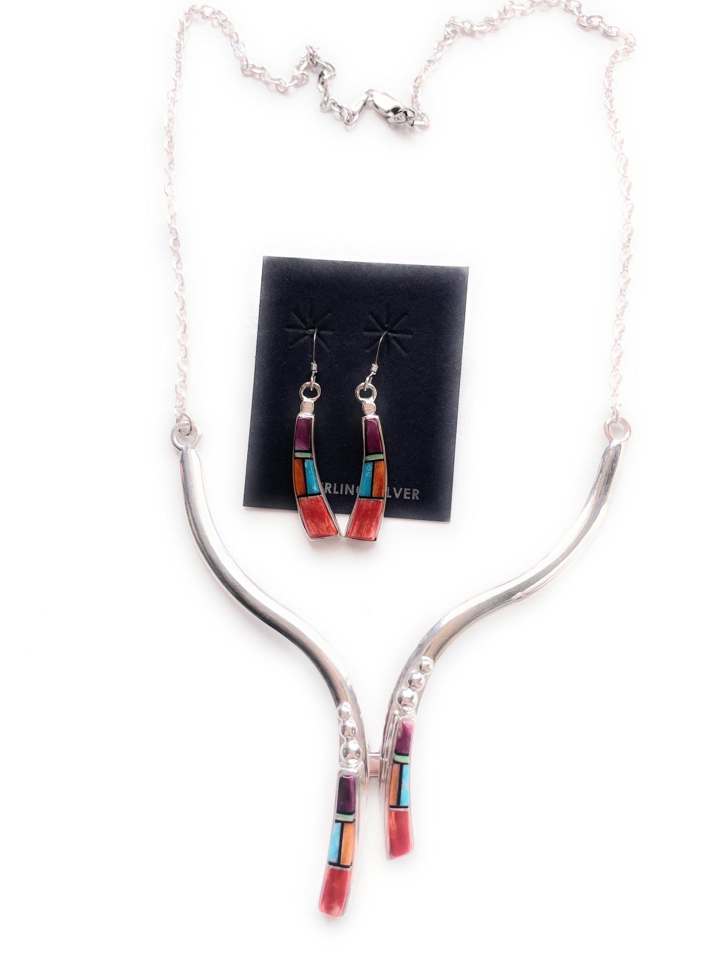 Navajo Sterling Silver & Multi Stone Inaly Necklace Earrings Set Signed