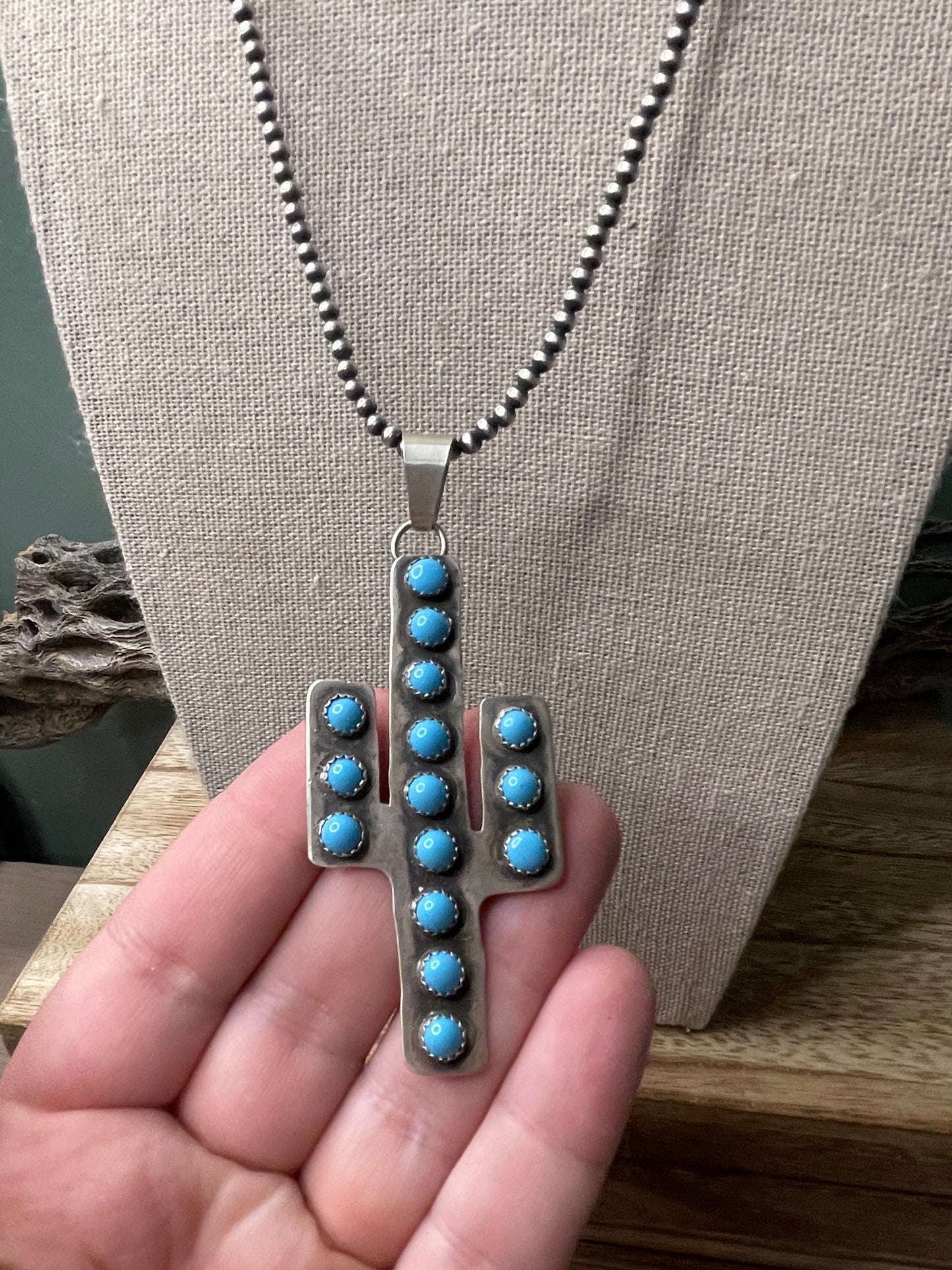 Navajo Sterling Silver & Turquoise Cactus Necklace