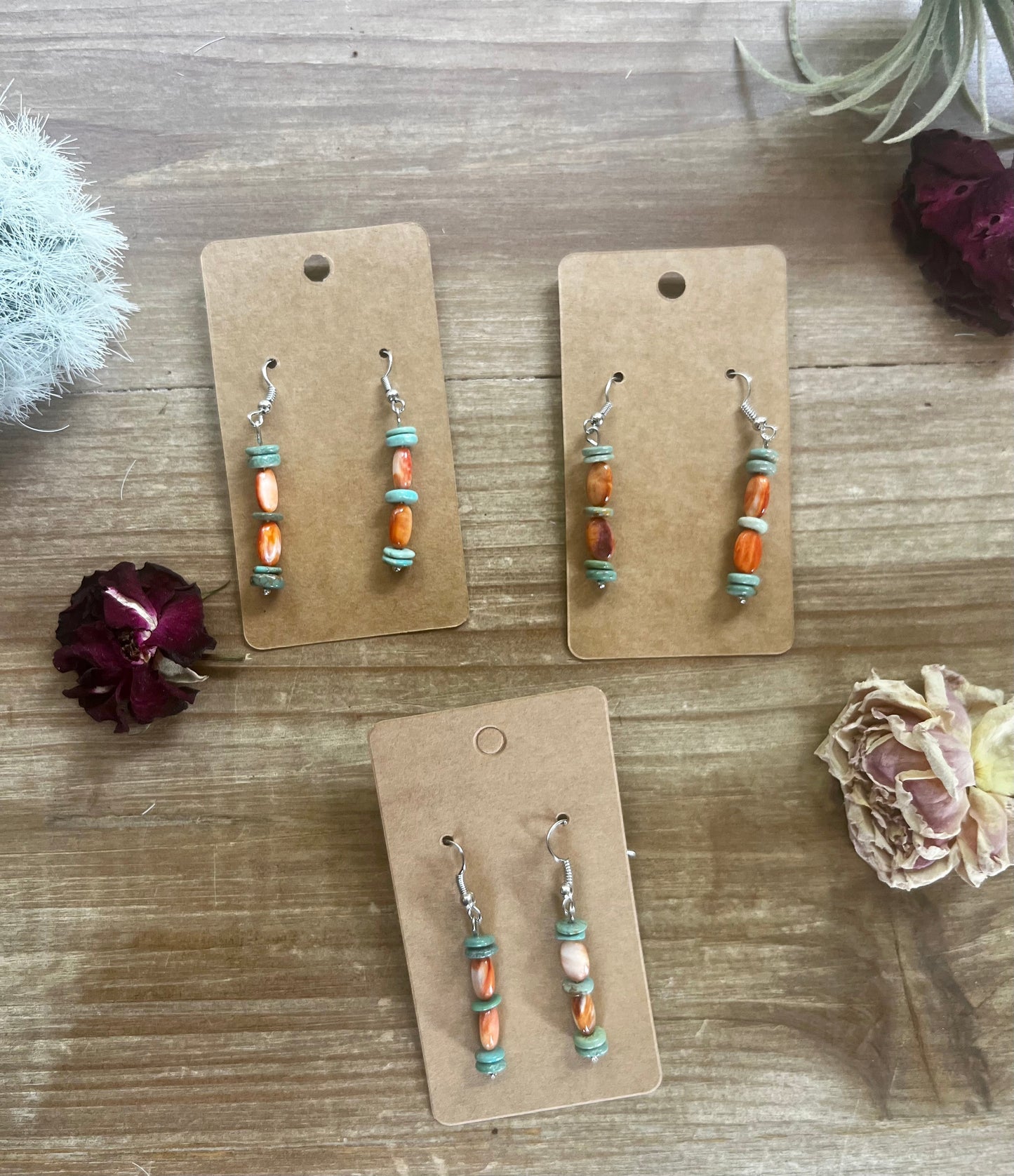 Orange spiny and green turquoise simple dangle earrings