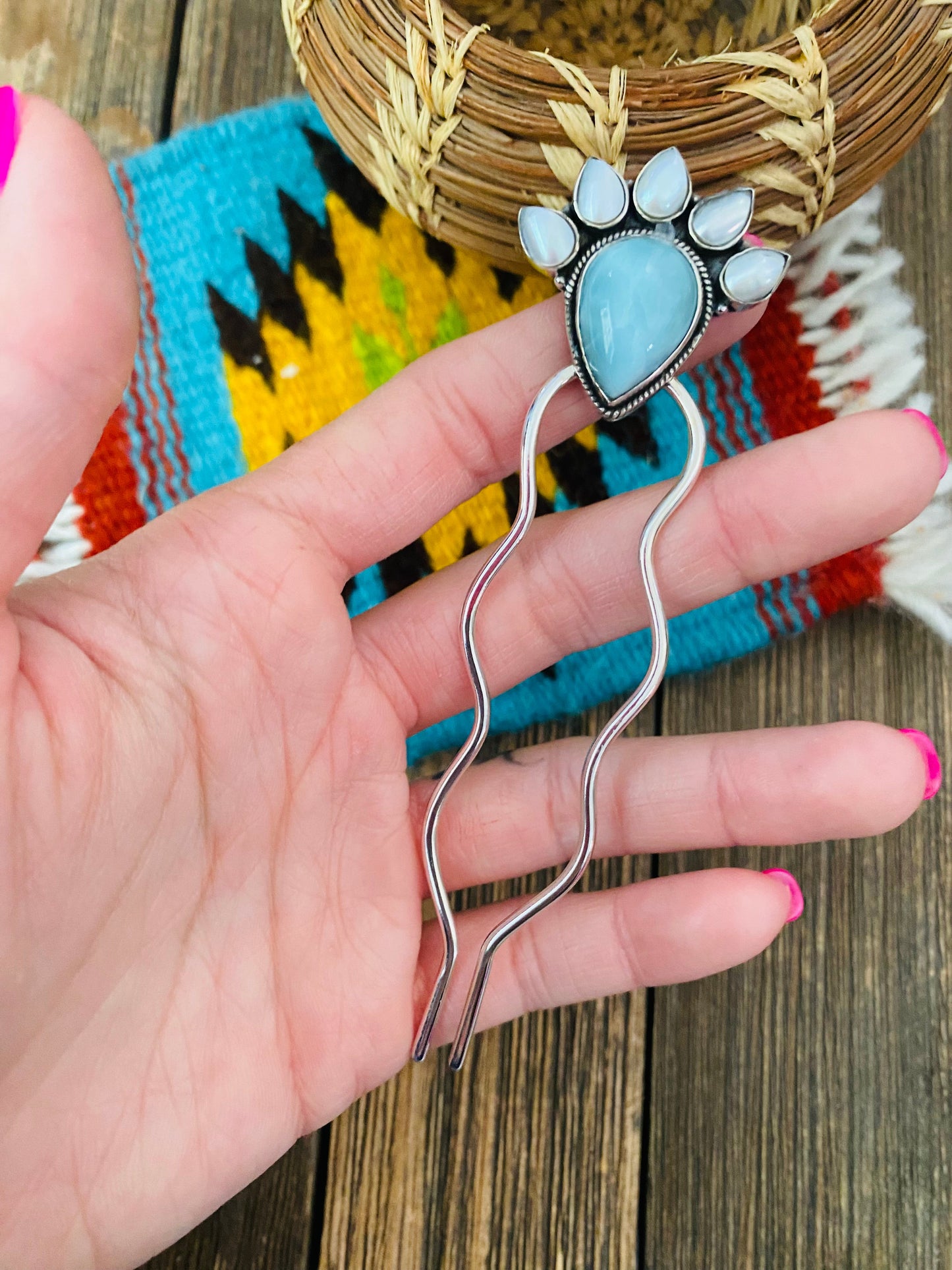 Handmade Larimar, Pearl & Sterling Silver Hair Pin