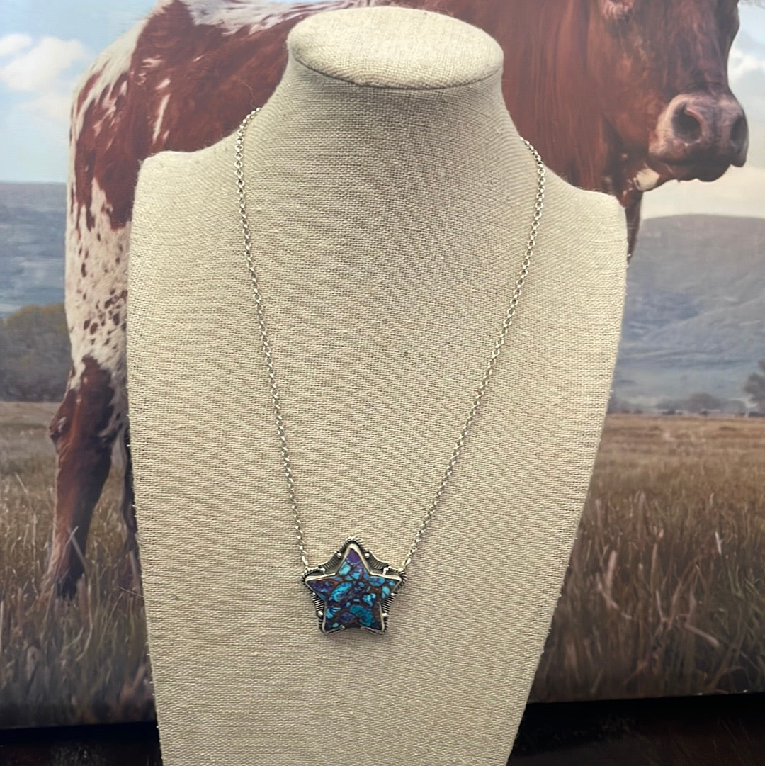 Handmade Sterling Silver Blue Mojave Star Necklace Signed Nizhoni