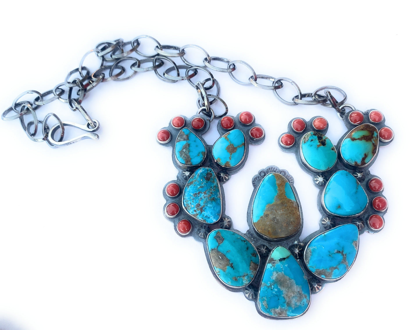 Navajo Sterling Silver, Turquoise & Coral Cactus Necklace