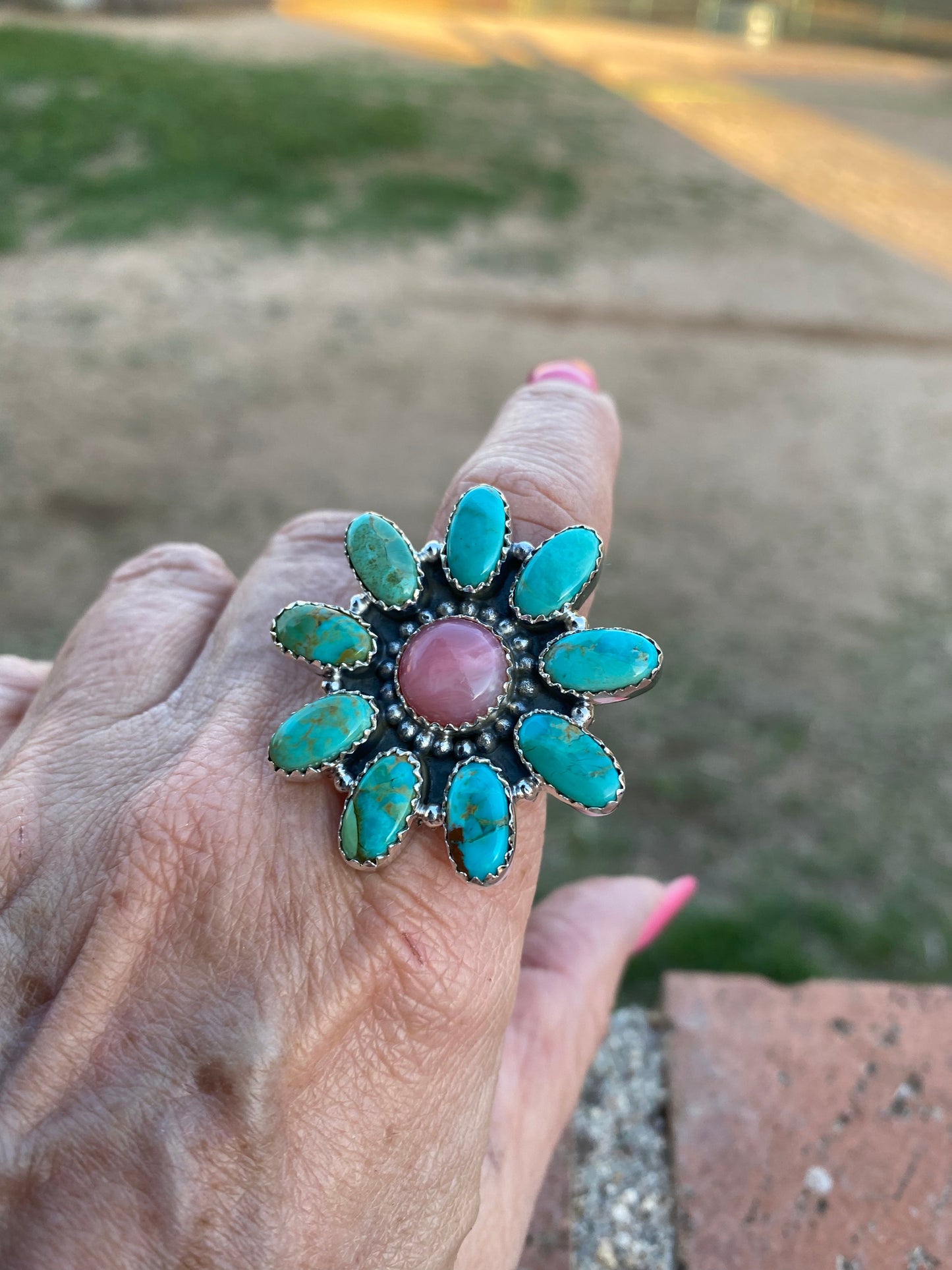 Adjustable Pink Opal & Royston Turquoise Sterling Silver Flower Ring