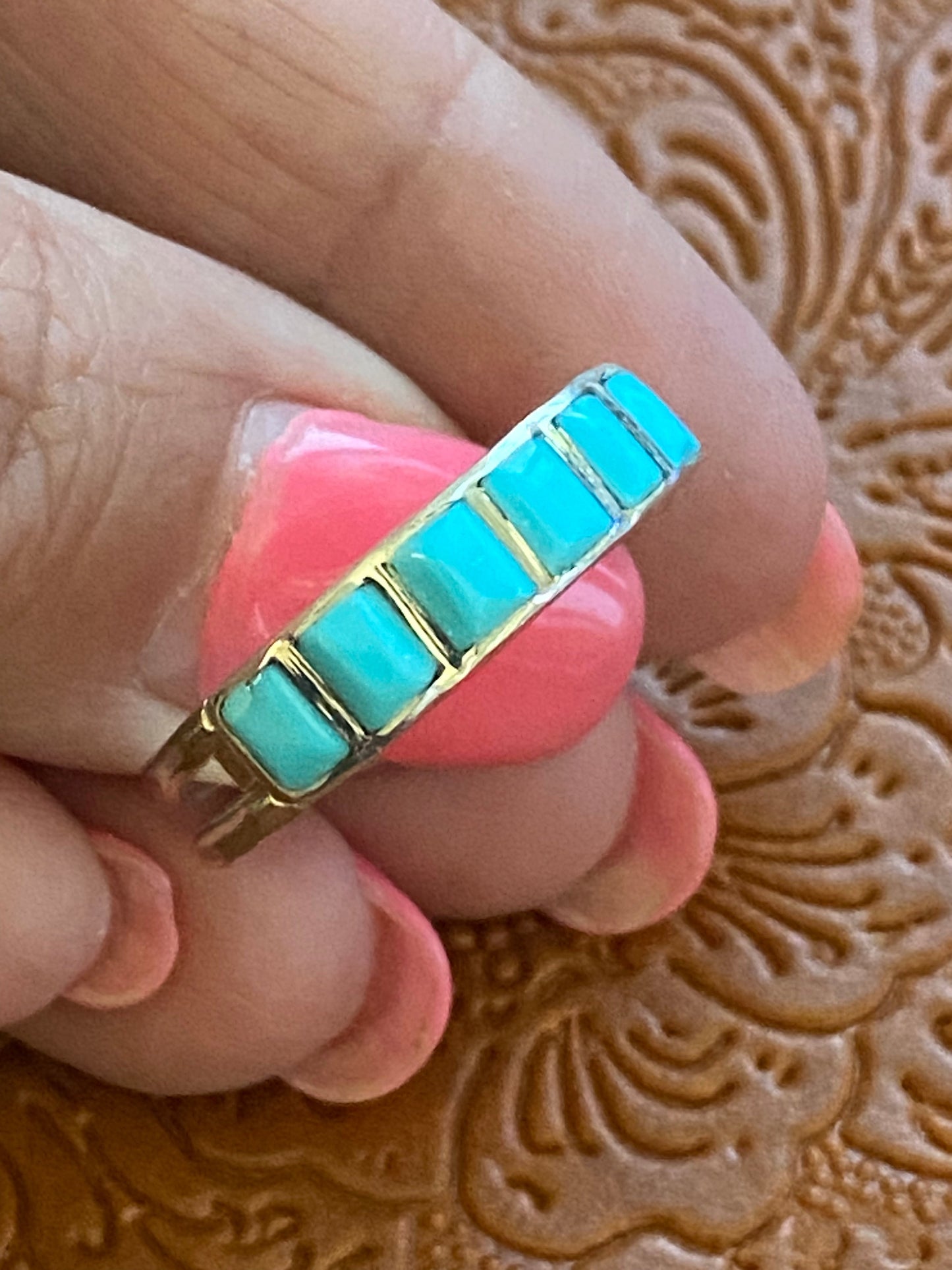 Zuni Sterling Silver & Six Stone Turquoise Stone Inlay Band Ring