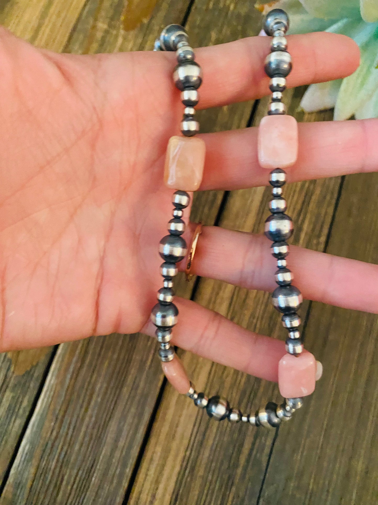 Navajo Sterling Silver Pearl & Pink Opal Beaded Necklace