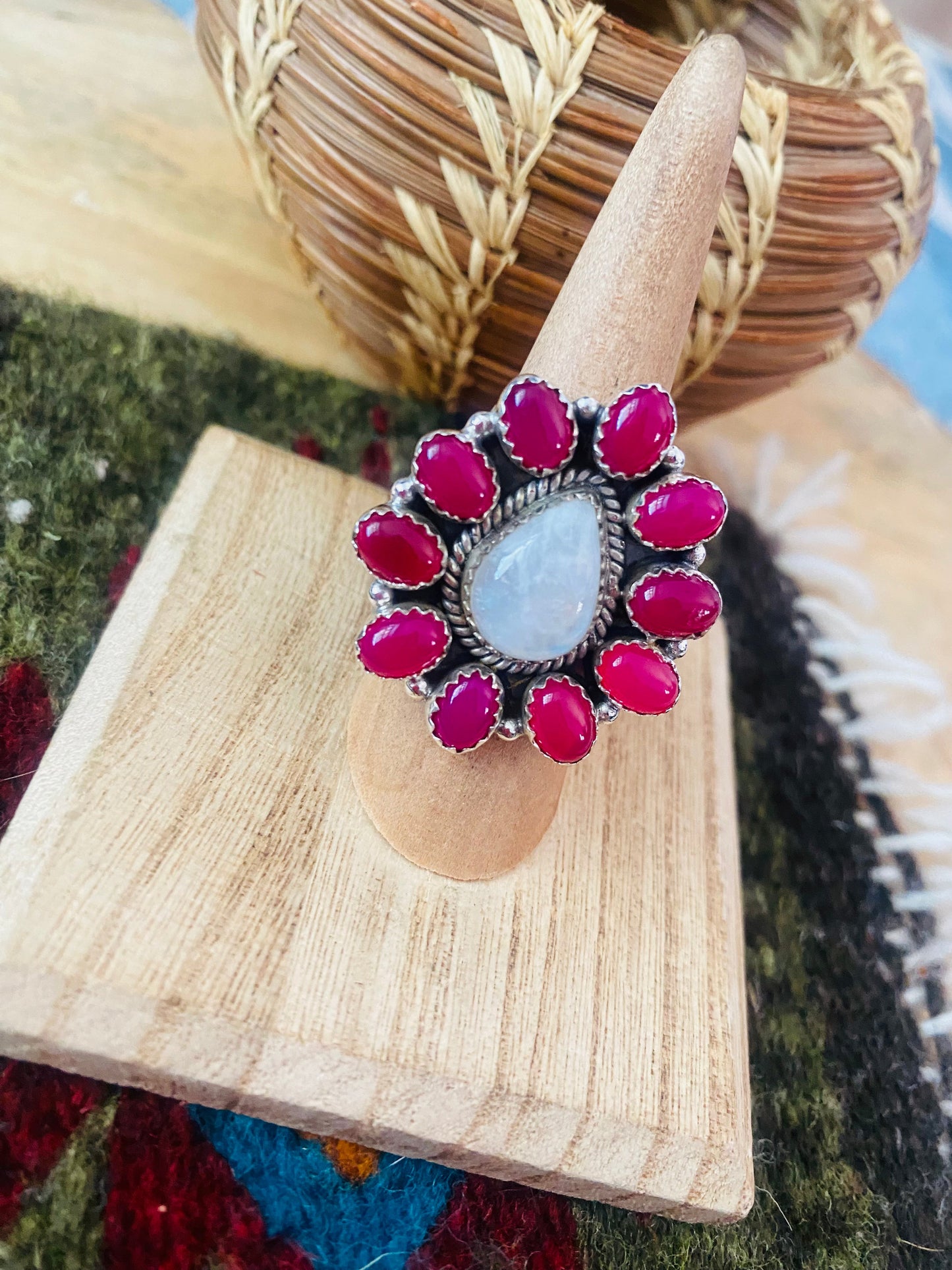 Handmade Sterling Silver, Pink Onyx & Moon Stone Cluster Adjustable Ring