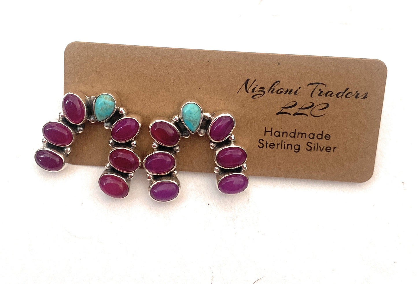 Handmade Pink Onyx, Turquoise & Sterling Silver Post Earrings Signed Nizhoni