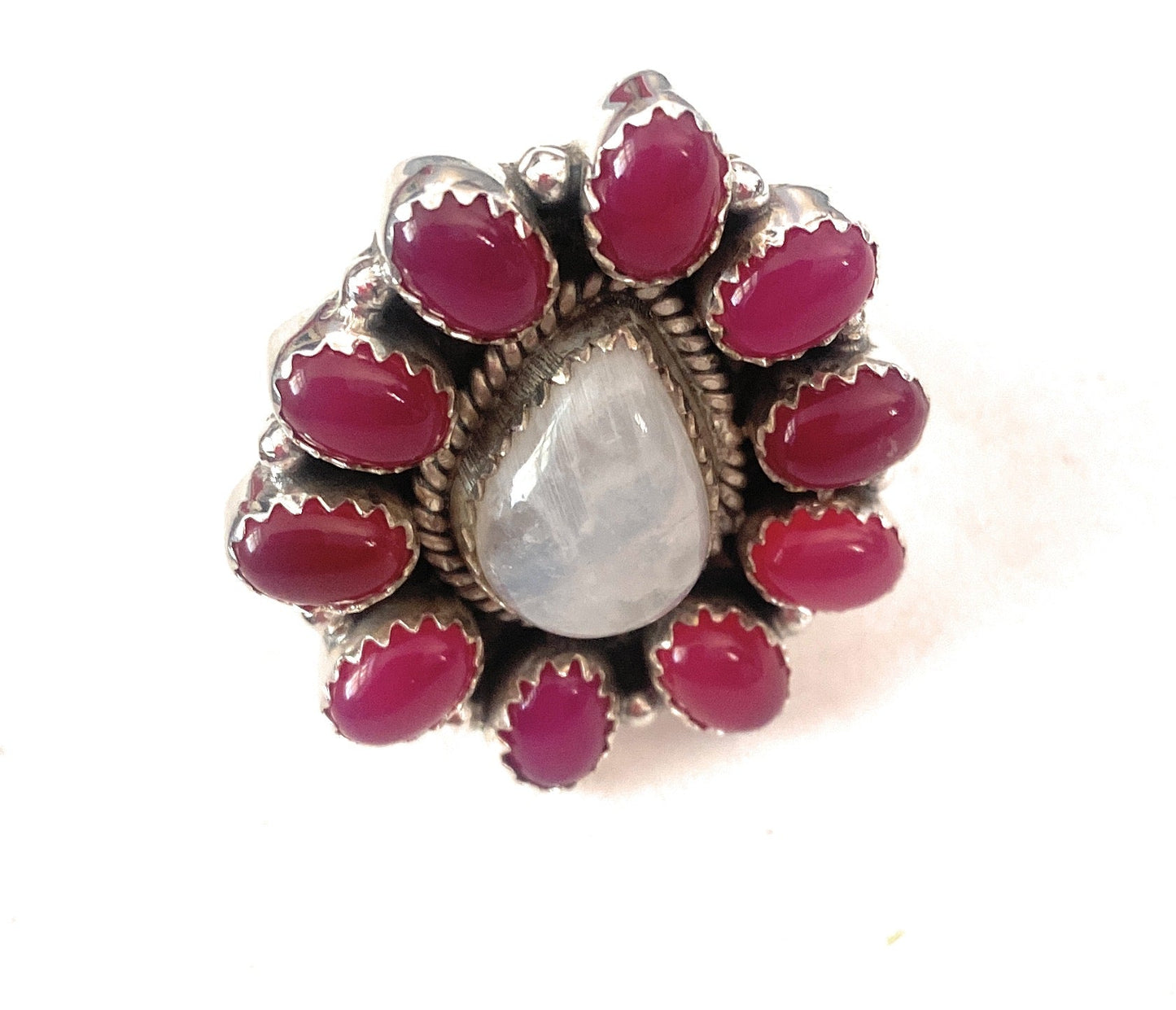 Handmade Sterling Silver, Pink Onyx & Moon Stone Cluster Adjustable Ring