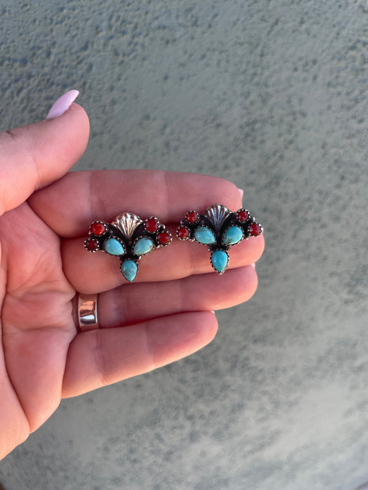 “The Prickly Earring” Handmade Sterling Silver, Turquoise & Coral Cactus Earrings