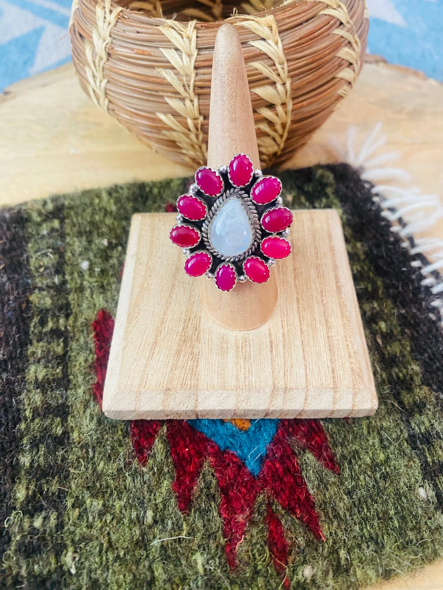 Handmade Sterling Silver, Pink Onyx & Moon Stone Cluster Adjustable Ring