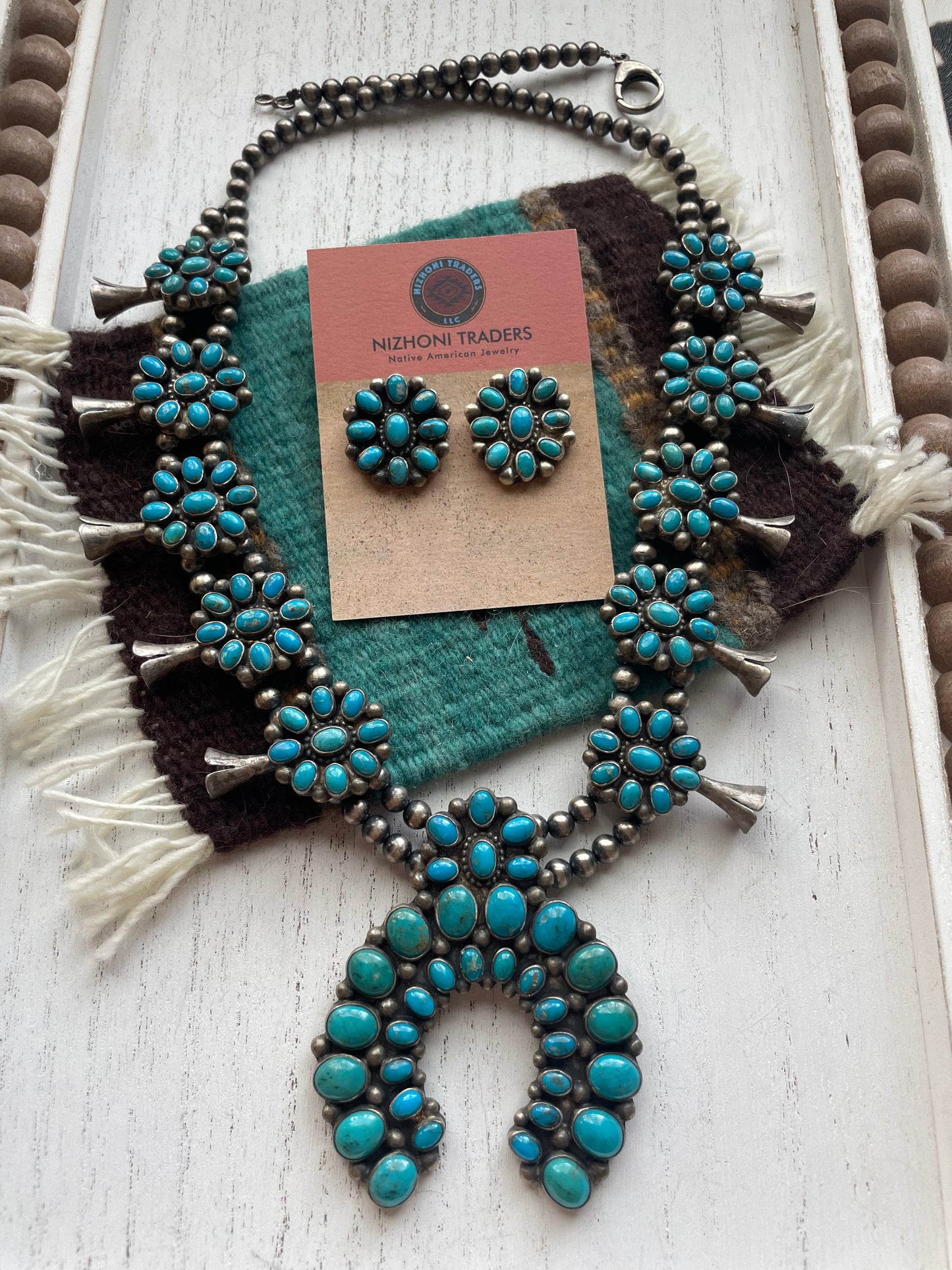 Navajo Royston Turquoise & Sterling Squash Blossom Set by Kathleen Chavez
