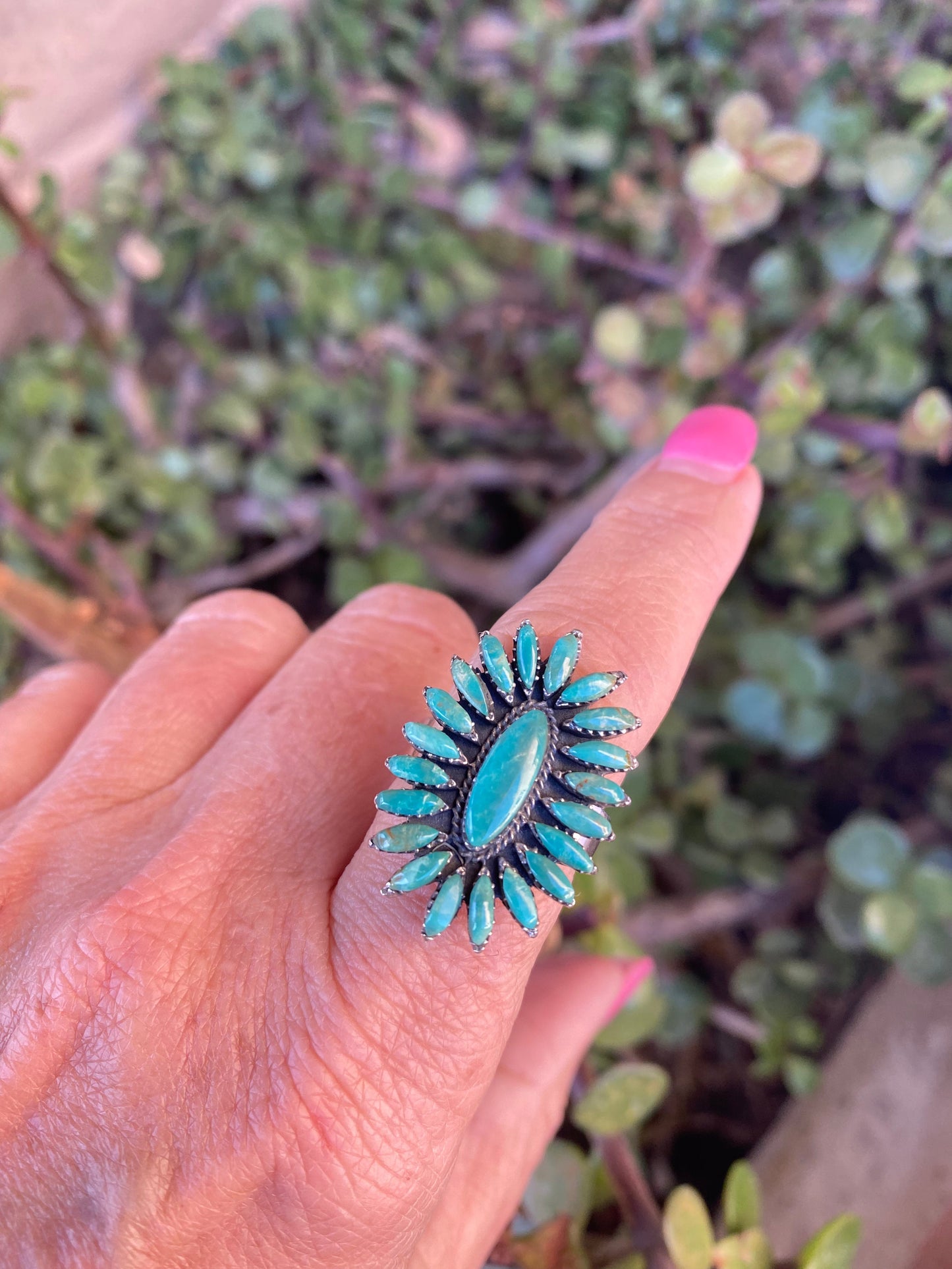 Handmade Sterling Silver & Kingman Needlepoint Turquoise Adjustable Ring