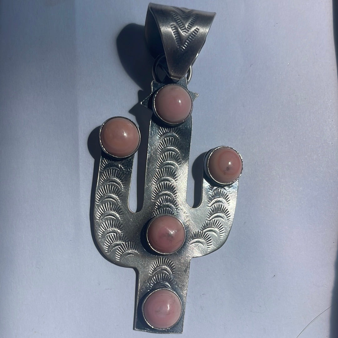 Navajo Sterling Silver Pink Conch Saguaro Cactus Pendant Signed