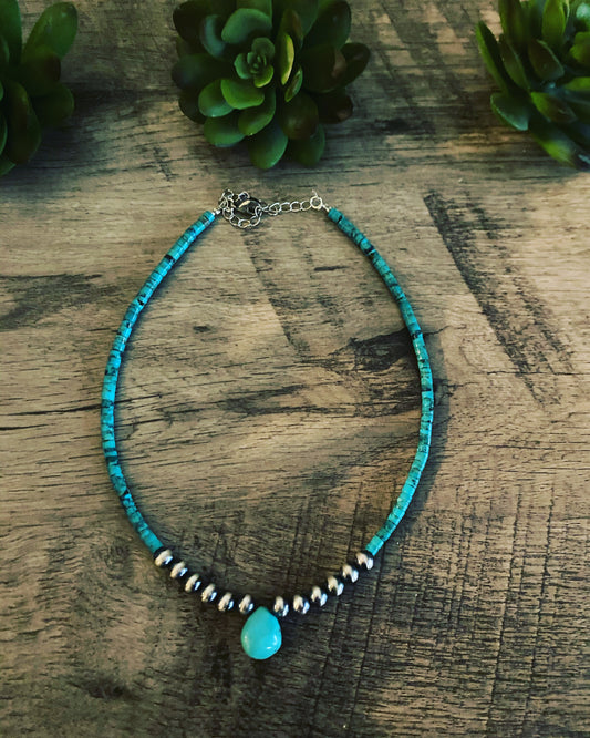 Sterling Silver Pearls and Turquoise Heishi Choker - 14 inches long