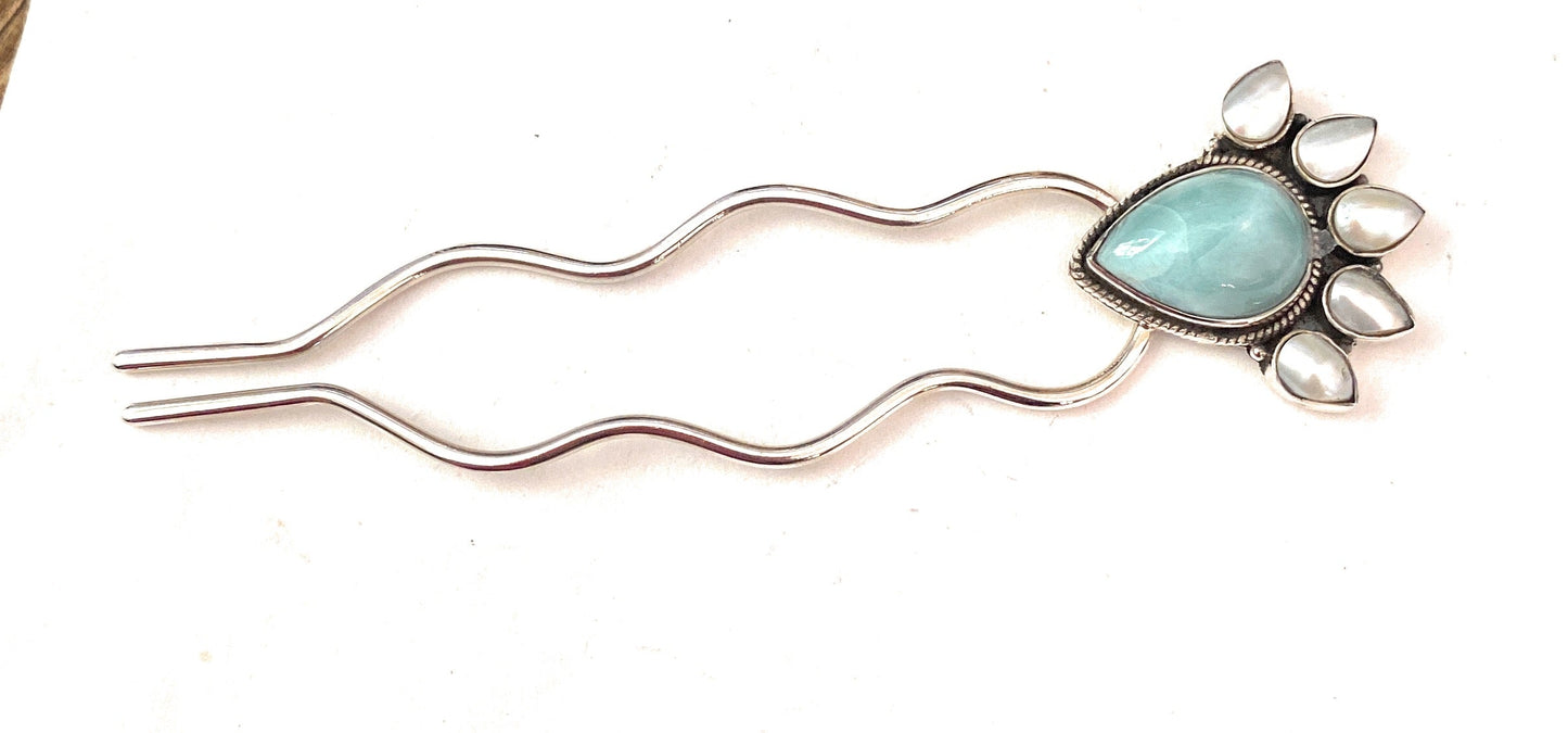 Handmade Larimar, Pearl & Sterling Silver Hair Pin