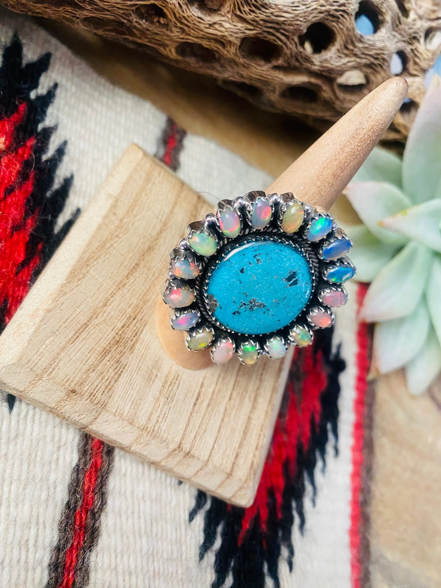 Handmade Sterling Silver, Turquoise & Opal Cluster Adjustable Ring