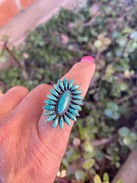 Handmade Sterling Silver & Kingman Needlepoint Turquoise Adjustable Ring