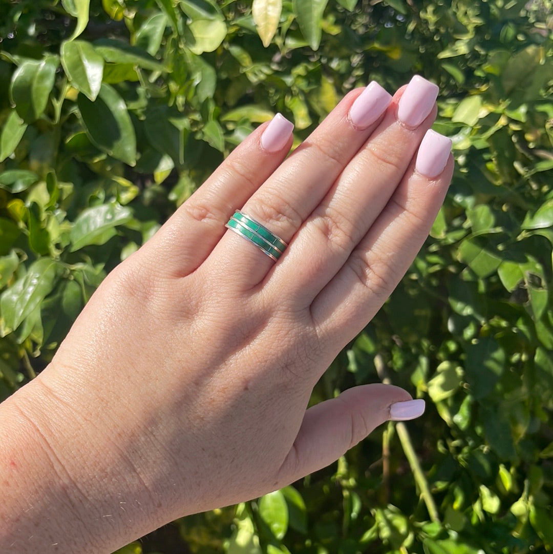 Zuni Double Row Green Turquoise 8 Stone Inlay Ring