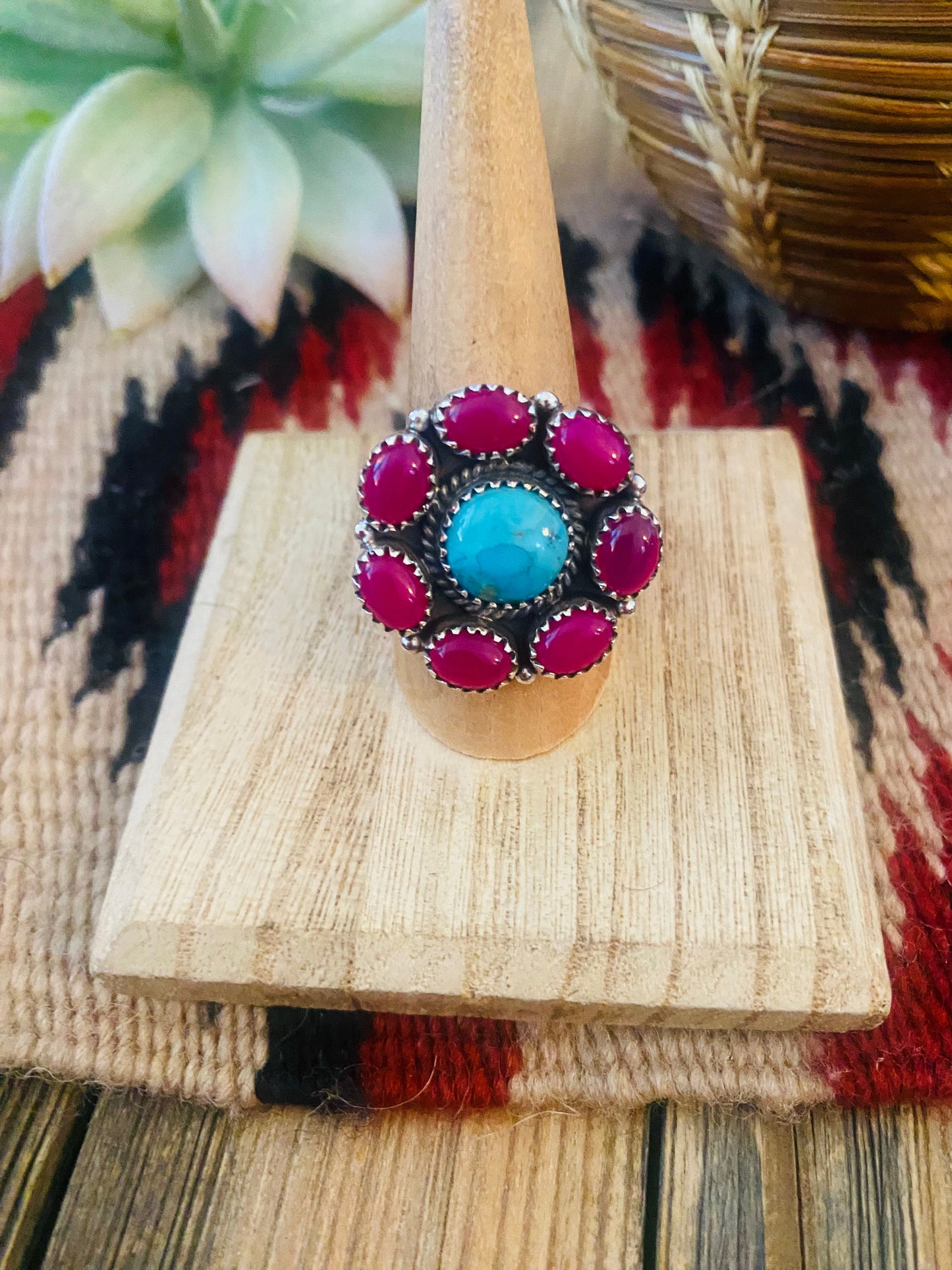 Handmade Sterling Silver, Pink Onyx & Turquoise Cluster Adjustable Ring