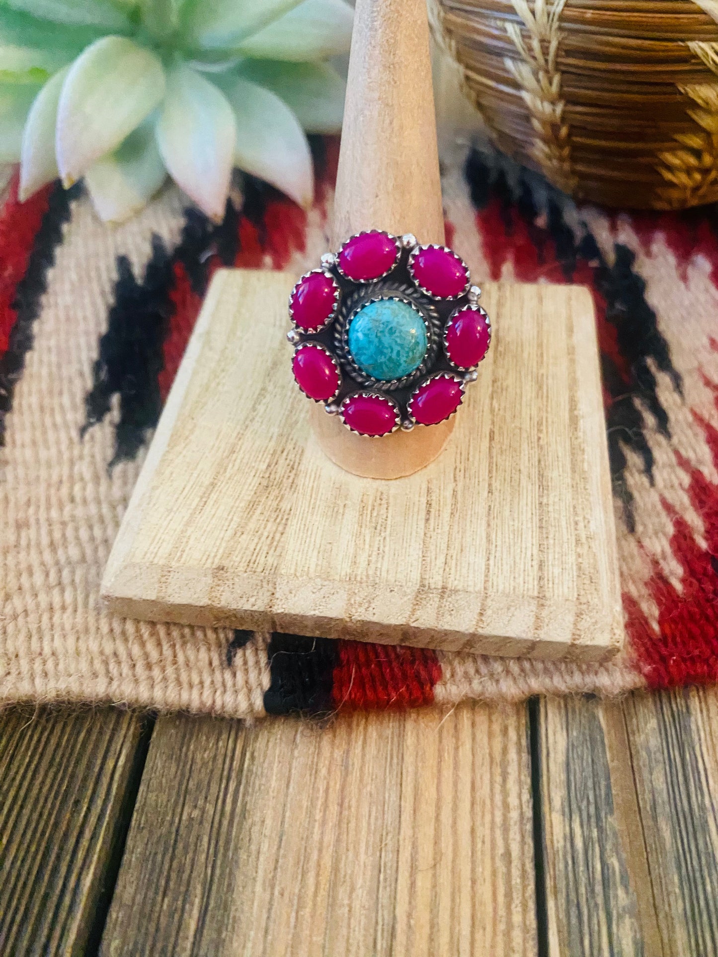 Handmade Sterling Silver, Pink Onyx & Turquoise Cluster Adjustable Ring