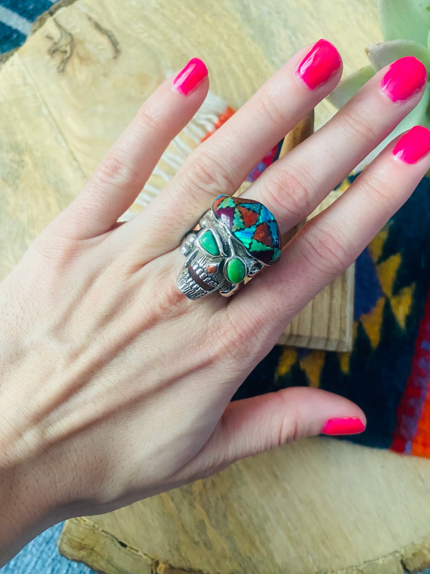 Handmade Sterling Silver & Multi Stone Inlay Skull Ring Size 8