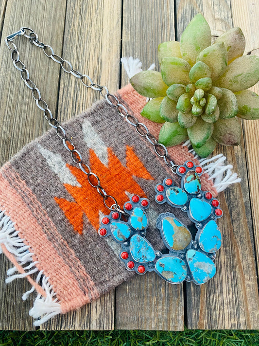 Navajo Sterling Silver, Turquoise & Coral Cactus Necklace