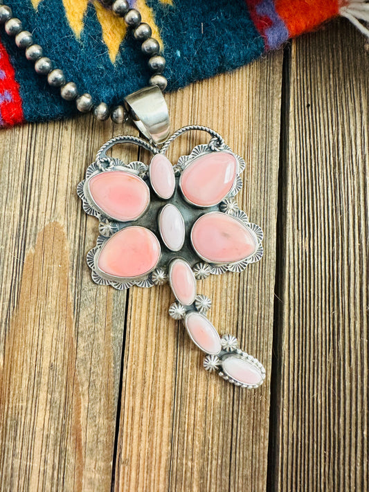 Navajo Queen Pink Conch & Sterling Silver Dragonfly Pendant By Tina Benally
