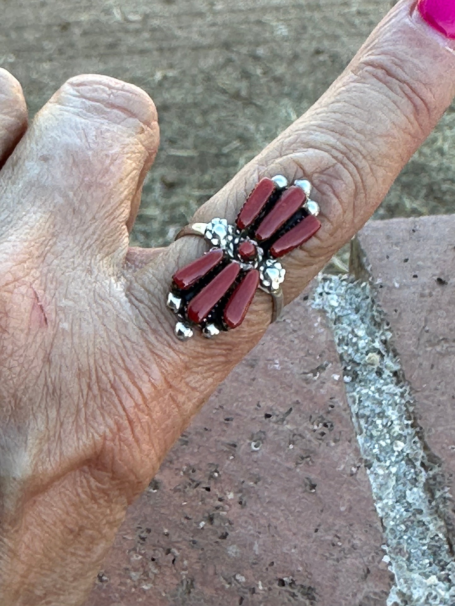 Zuni Sterling Silver & Coral Needlepoint Ring