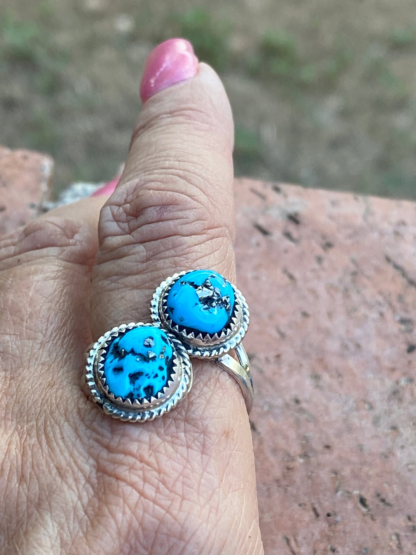 Navajo 2 Stone Turquoise And Sterling Silver Adjustable Ring