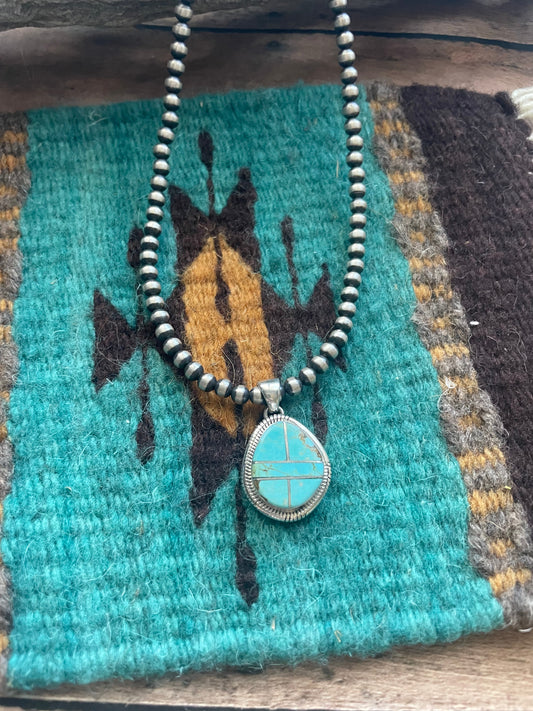 Navajo Number 8 Turquoise Inlay & Sterling Silver Pendant Signed