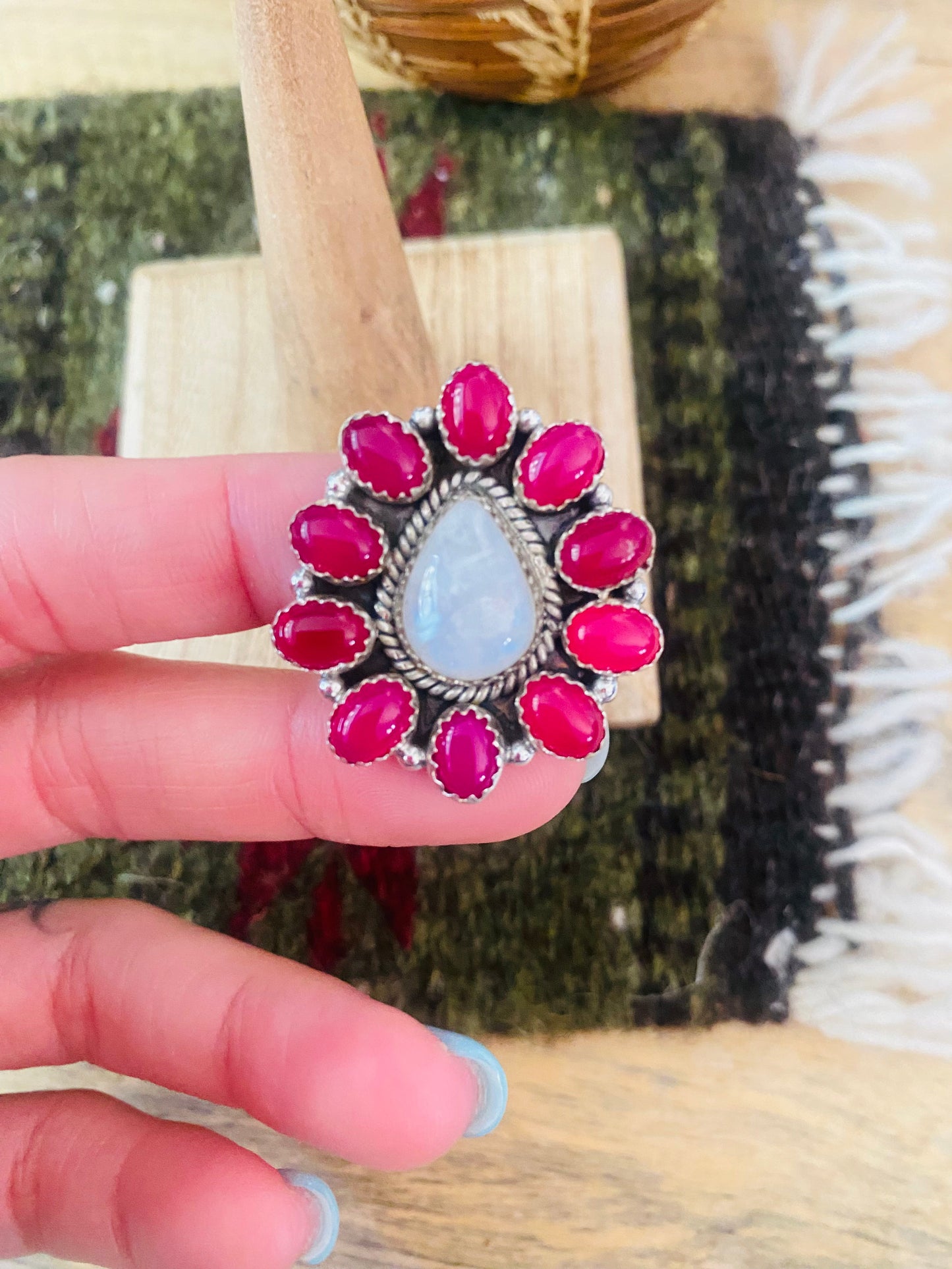 Handmade Sterling Silver, Pink Onyx & Moon Stone Cluster Adjustable Ring