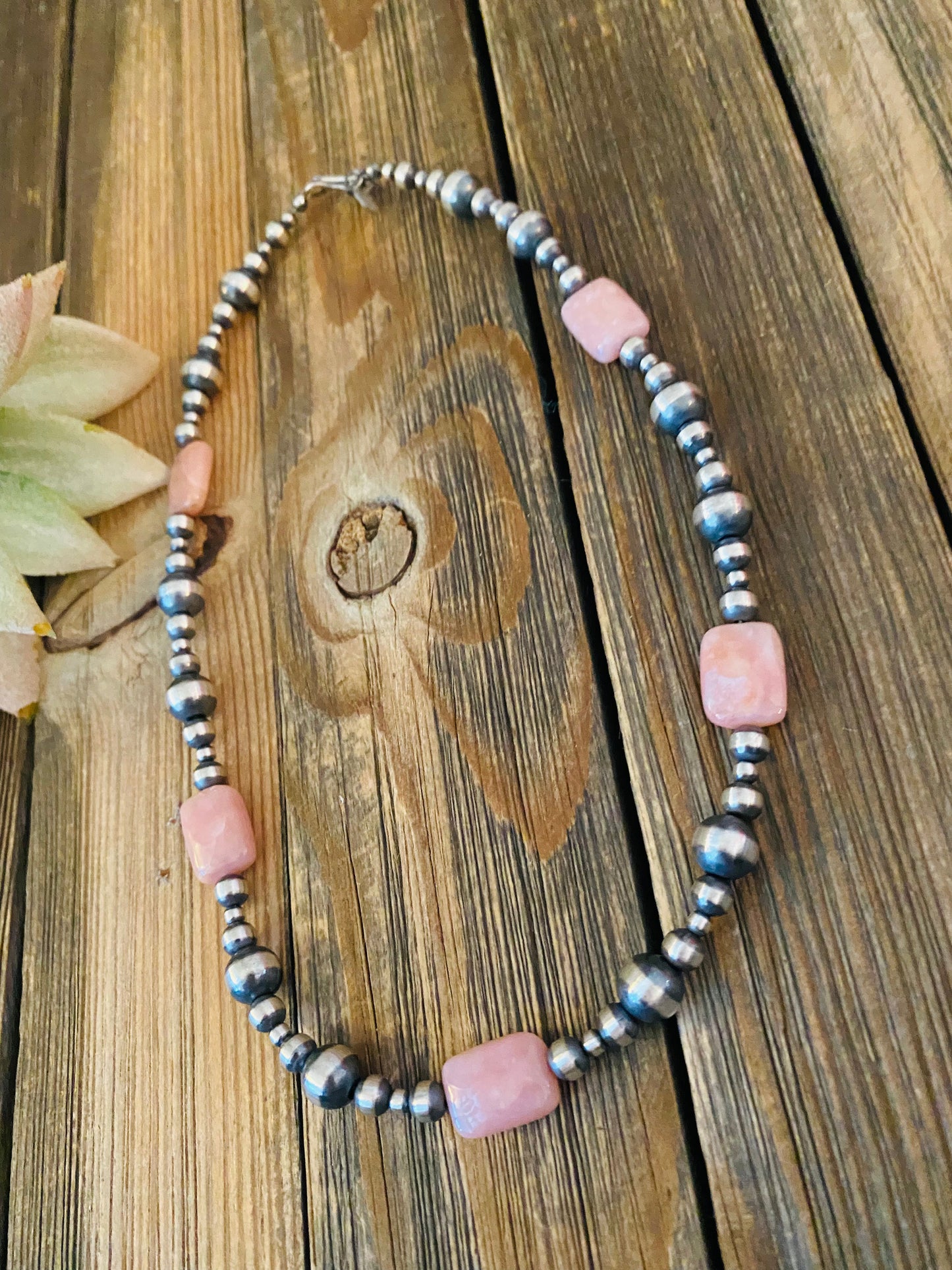 Navajo Sterling Silver Pearl & Pink Opal Beaded Necklace