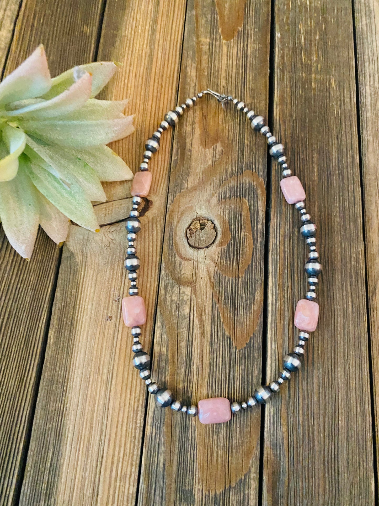 Navajo Sterling Silver Pearl & Pink Opal Beaded Necklace