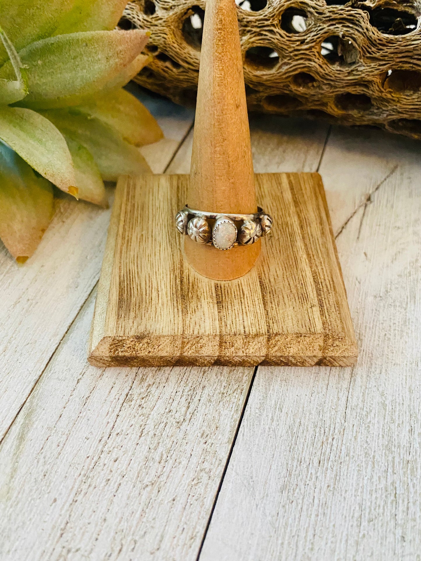 Navajo White Opal and Sterling Silver Concho Band Ring