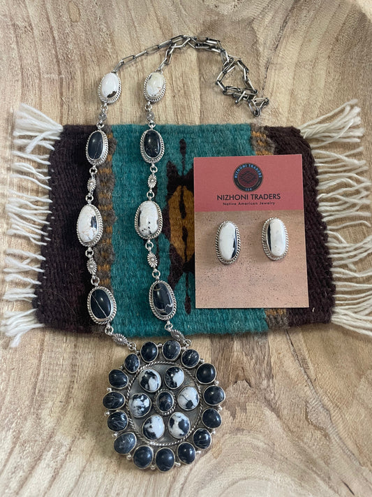 Navajo White Buffalo & Sterling Silver Necklace Earrings Set Signed