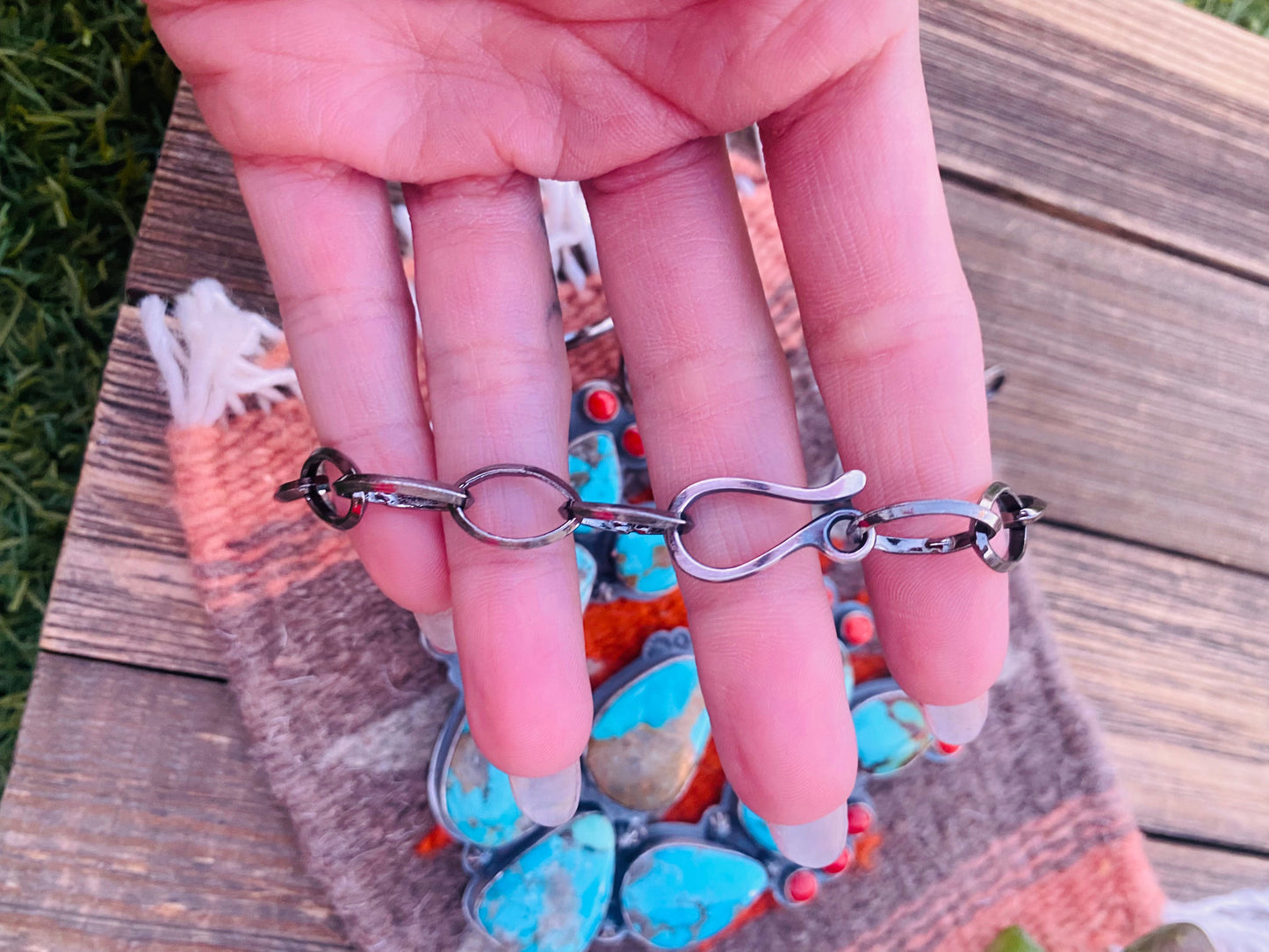 Navajo Sterling Silver, Turquoise & Coral Cactus Necklace