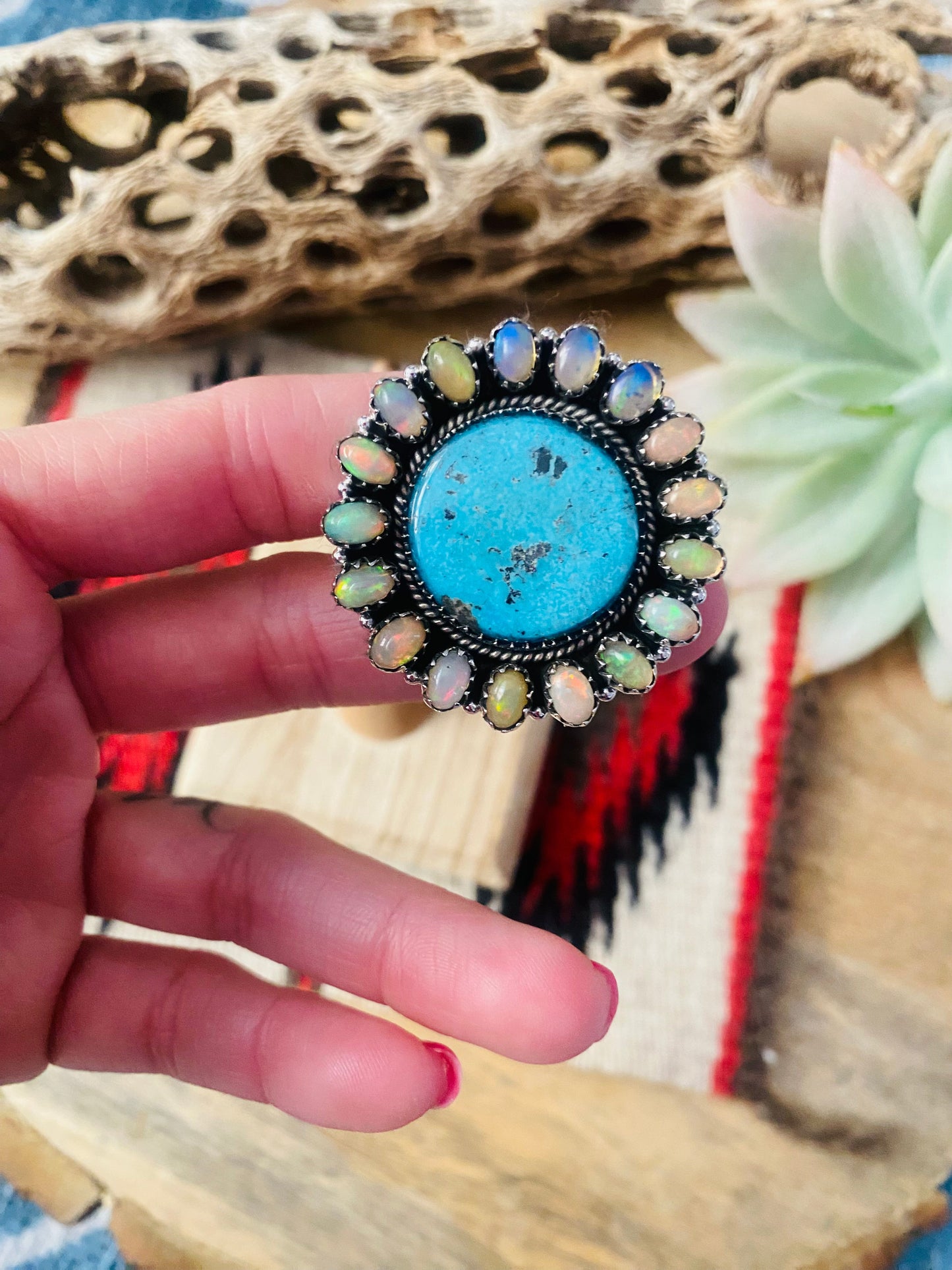 Handmade Sterling Silver, Turquoise & Opal Cluster Adjustable Ring